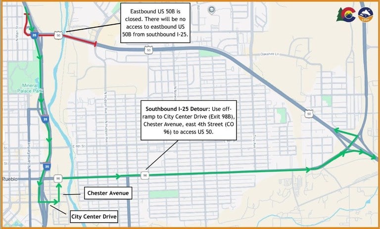 Southbound I-25 to US 50B Detour: Use off-ramp to City Center Drive (Exit 98B), travel east on City Center Drive, north on Chester Avenue and travel east on East 4th Street (CO 96) to access US 50.