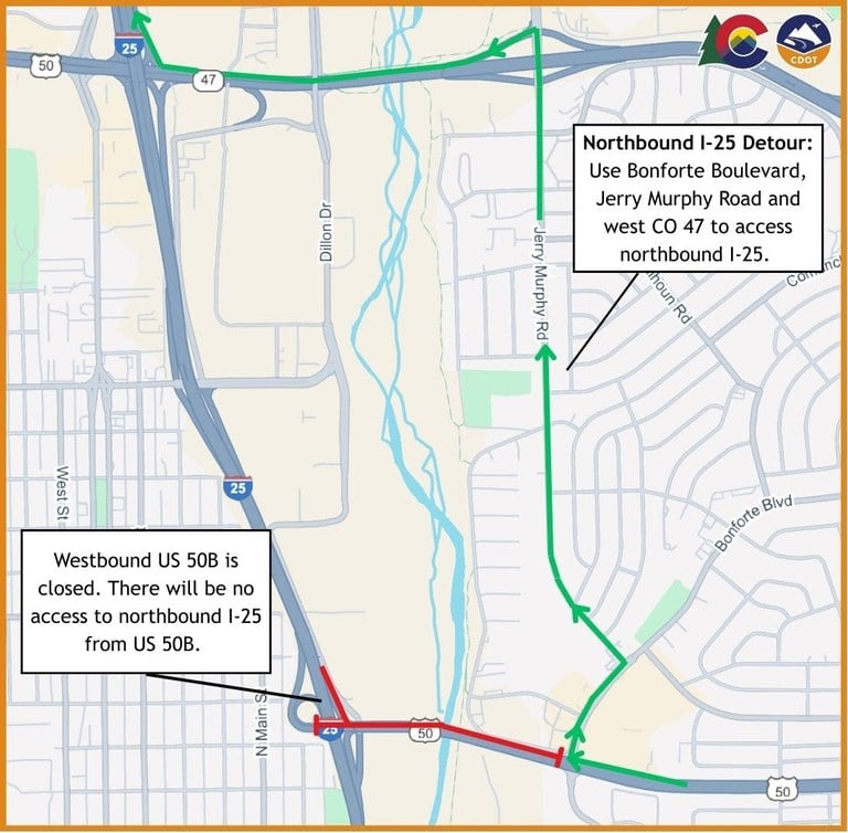 US 50B to Northbound I-25 Detour: Travel northeast on Bonforte Boulevard, north on Jerry Murphy Road and west on CO 47 to access northbound I-25
