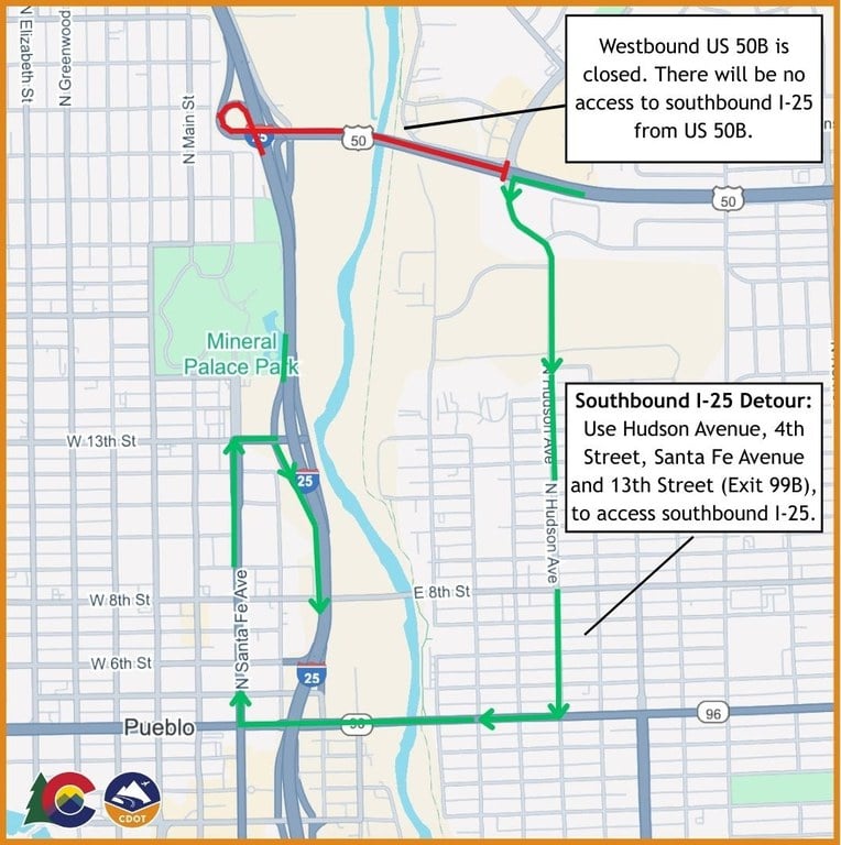 US 50B to Southbound I-25 Detour: Travel south on Hudson Avenue, West on 4th Street (CO 96), north on Santa Fe Avenue and east on 13th Street (Exit 99B) to access southbound I-25