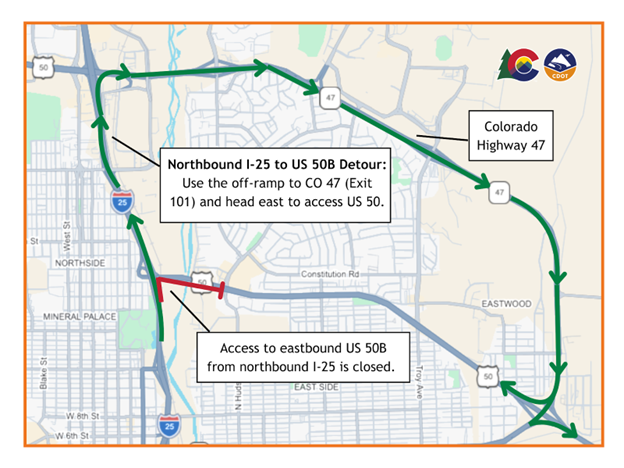 I-25 at US 50B detour map using CO 47 traveling east.png detail image