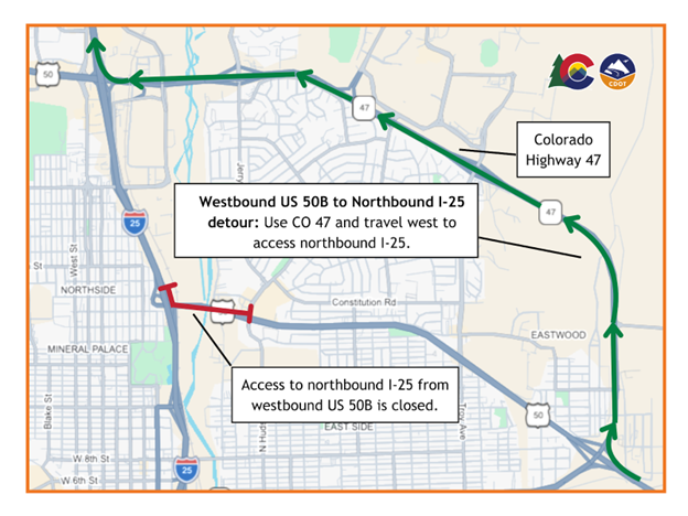 Map of westbound US 50B to northbound I-25 detour using CO 47 traveling west to access northbound I-25.