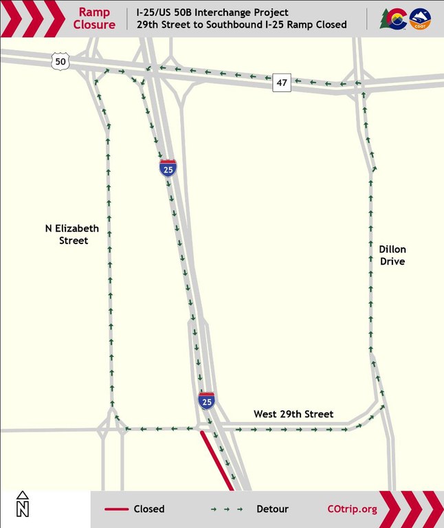 Map of I-25, highlighting the closed on-ramp to southbound I-25 at the 29th street