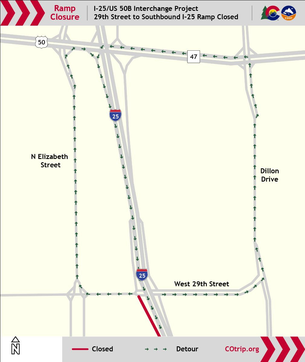 I-25 at US 50B Interchange Reconstruction 29th street on-ramp to I-25 closed 07222026.jpg detail image