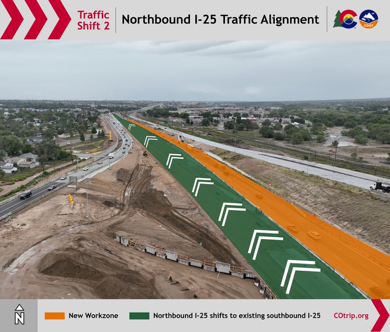 Map of I-25: Northbound I-25 traffic will shift to the west.