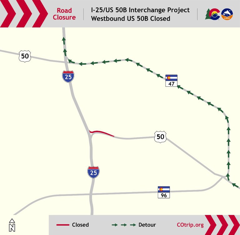 Map of US 50 and CO 47 showing the US 50 northbound I-25 on-ramp closure. The detour takes CO 47 to the US 50A/CO 47 on-ramp for northbound I-25 at Exit 101.