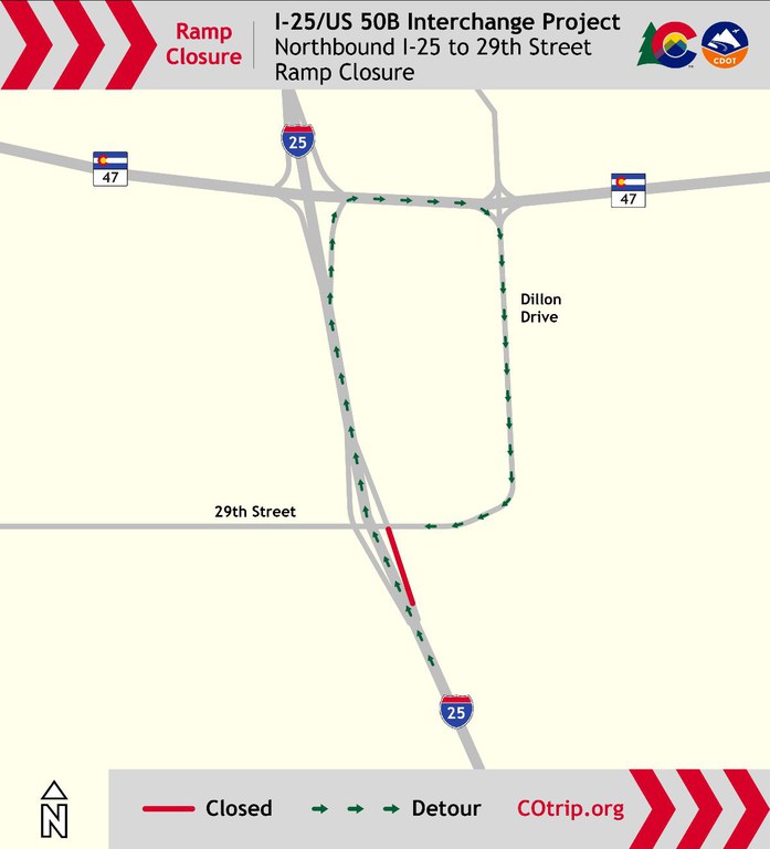 Map of I-25, 29th Street and CO 47, highlighting closure on northbound I-25 off-ramp to Dillon Drive/29th Street and detour route on northbound I-25, use the US 50A/CO 47 off-ramp, travel east on CO 47 (Exit 101), and then south on Dillon Drive to 29th Street.