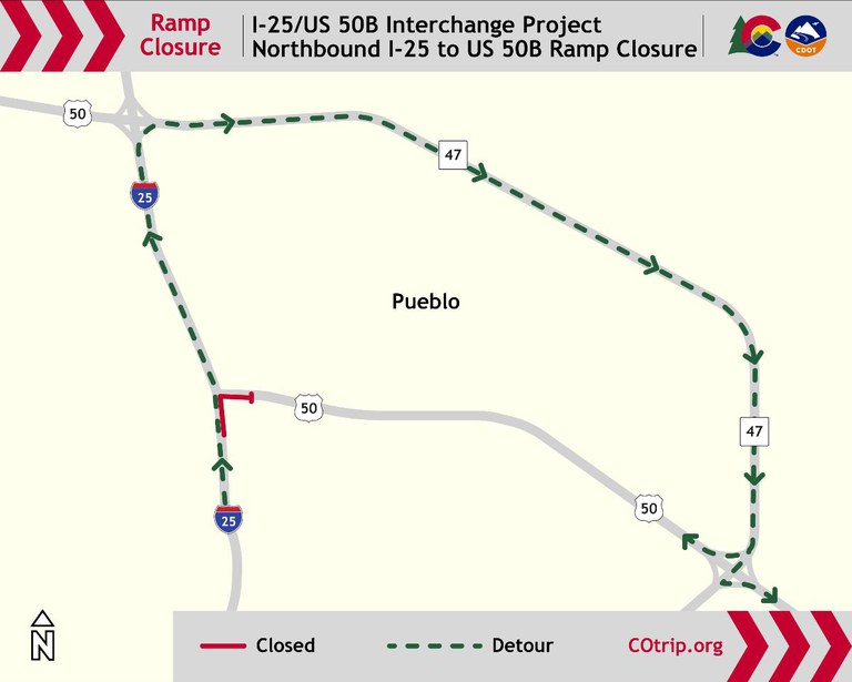 Map of I-25, CO 47, and US 50 showing the northbound I-25 off-ramp closure to US 50. The detour exits at Exit 101 (US 50A/CO 47) and heads east on CO 47 toward US 50B.