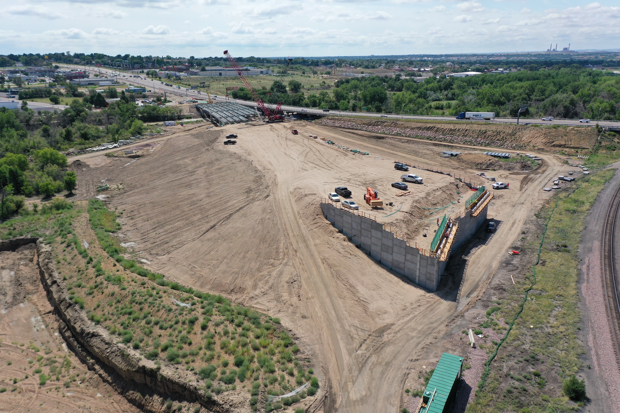 I-25 and US 50B Interchange project aerial of construction on Fountain Creek and UPRR bridges.JPG detail image