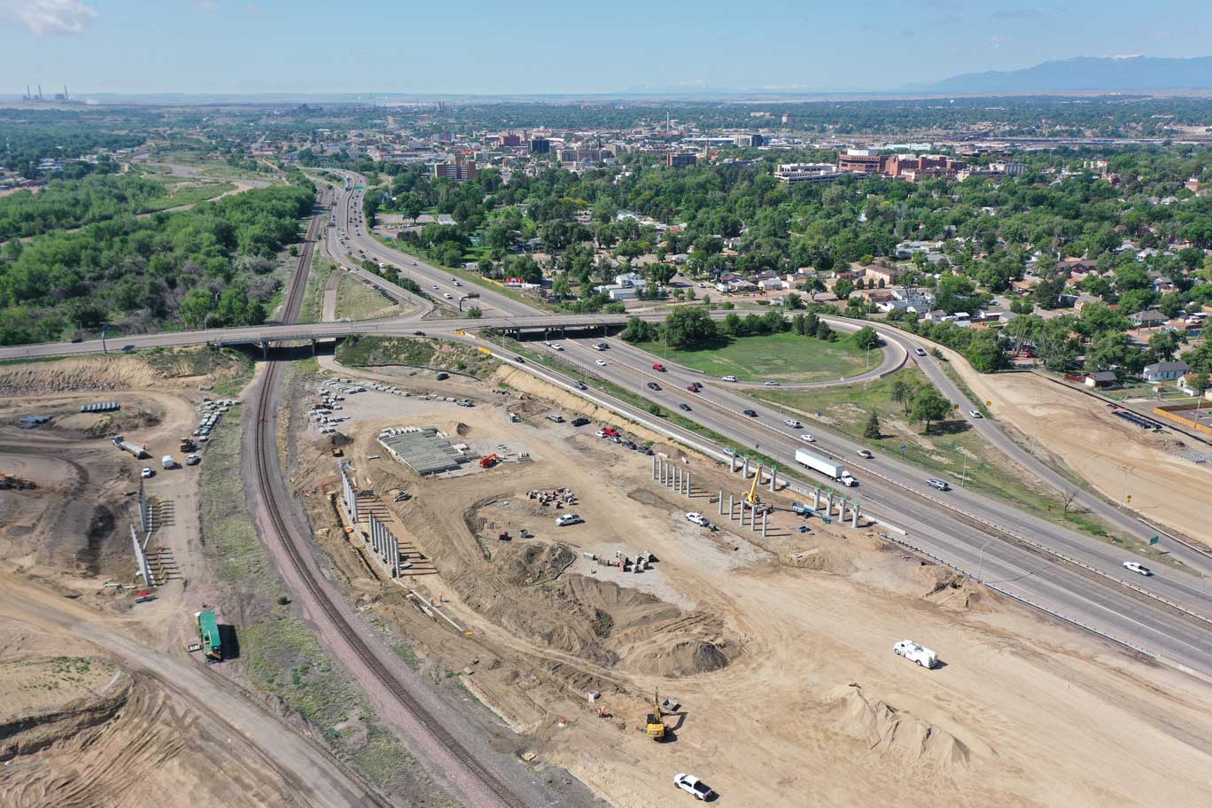 I-25 and US 50B interchange aerial view of construction progress for bridges over the UPRR and I-25 east of I-25 looking south.jpg detail image