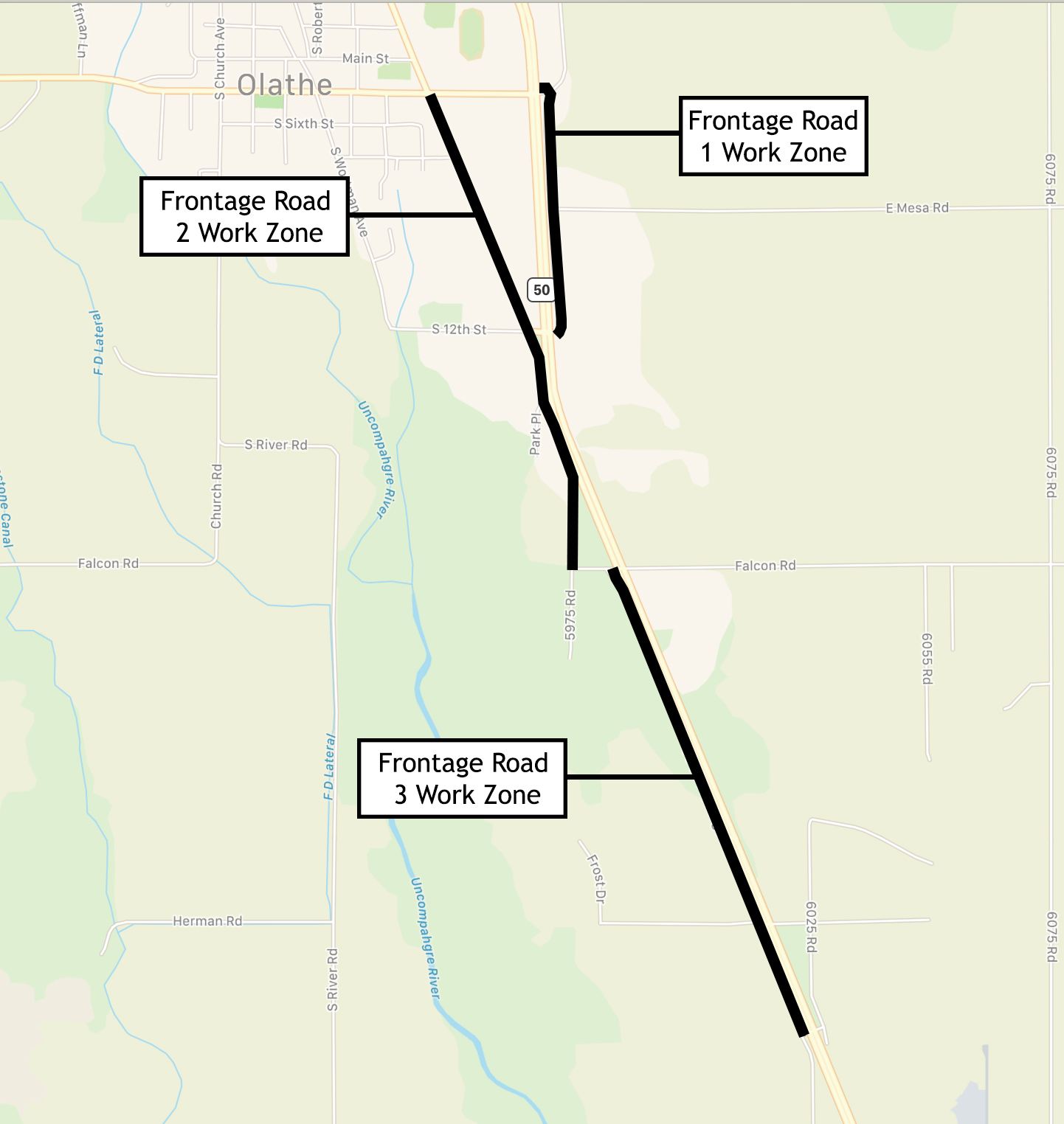Map of Frontage Road Work Zone