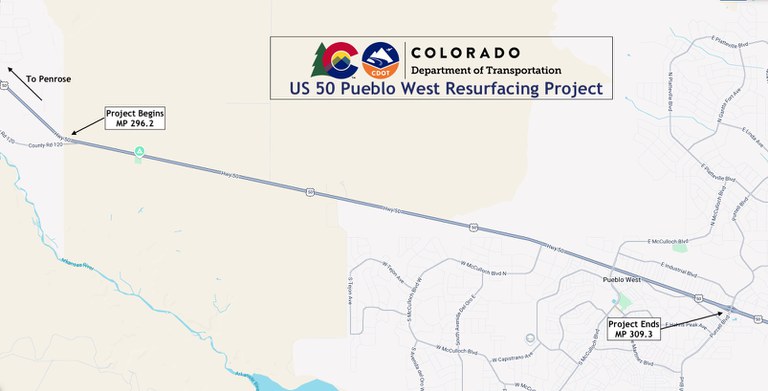 Map of US 50 Resurfacing project location in Pueblo West