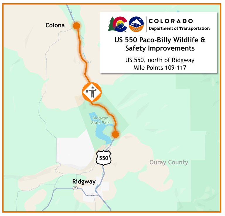 US 550 Paco - Billy Wildlife & Safety Improvements Project map located between Ridgway and Colona, Mile Points 109 - 117.