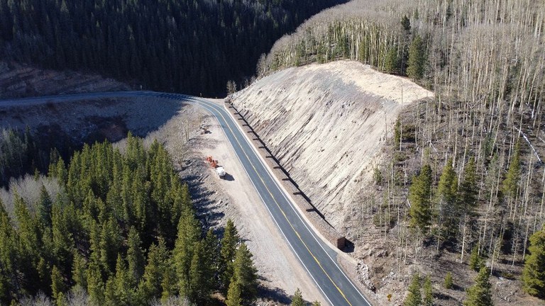 Aerial view of completed slope work on US 550 near Deer Creek (MP 59.3), approximately 11 miles south of Silverton