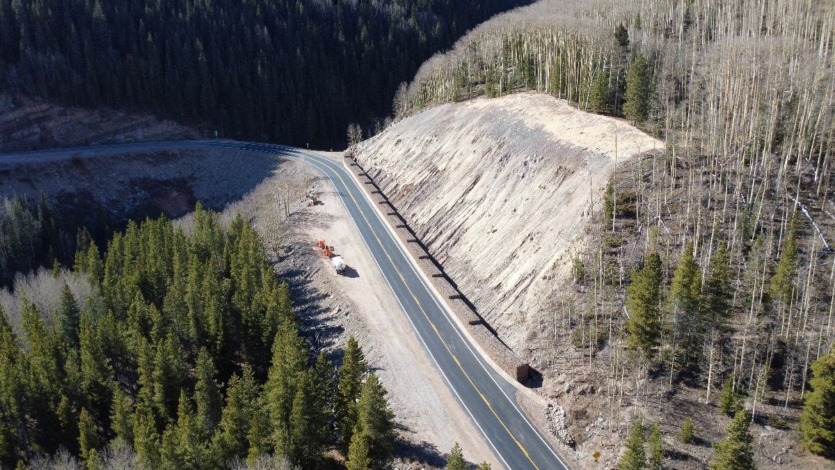 Aerial view of completed slope work on US 550 near Deer Creek (MP 59.3) detail image