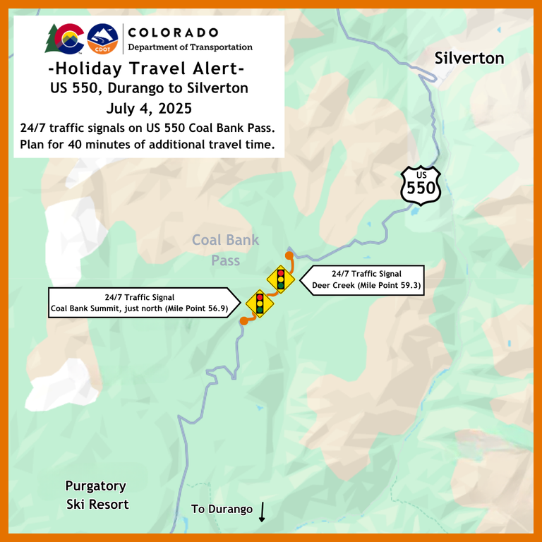 Map of temporary traffic signals located at two locations on US 550 Coal Bank Pass Map of temporary traffic signals located at two locations on US 550 Coal Bank Pass
