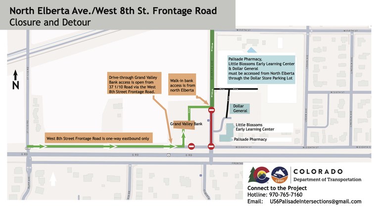 US 6 Palisade Detour Map: Grand Valley Bank may be accessed two ways, from the West 8th Street Frontage Road and from the north off Elberta.
