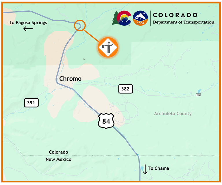 Colorado Department of Transportation project map of slope repair work on US HIghway 84 north of Chromo and the Colorado and New Mexico state line. The project is between Pagosa Springs and Chama near County Roads 391 and 382 in Archuleta County.