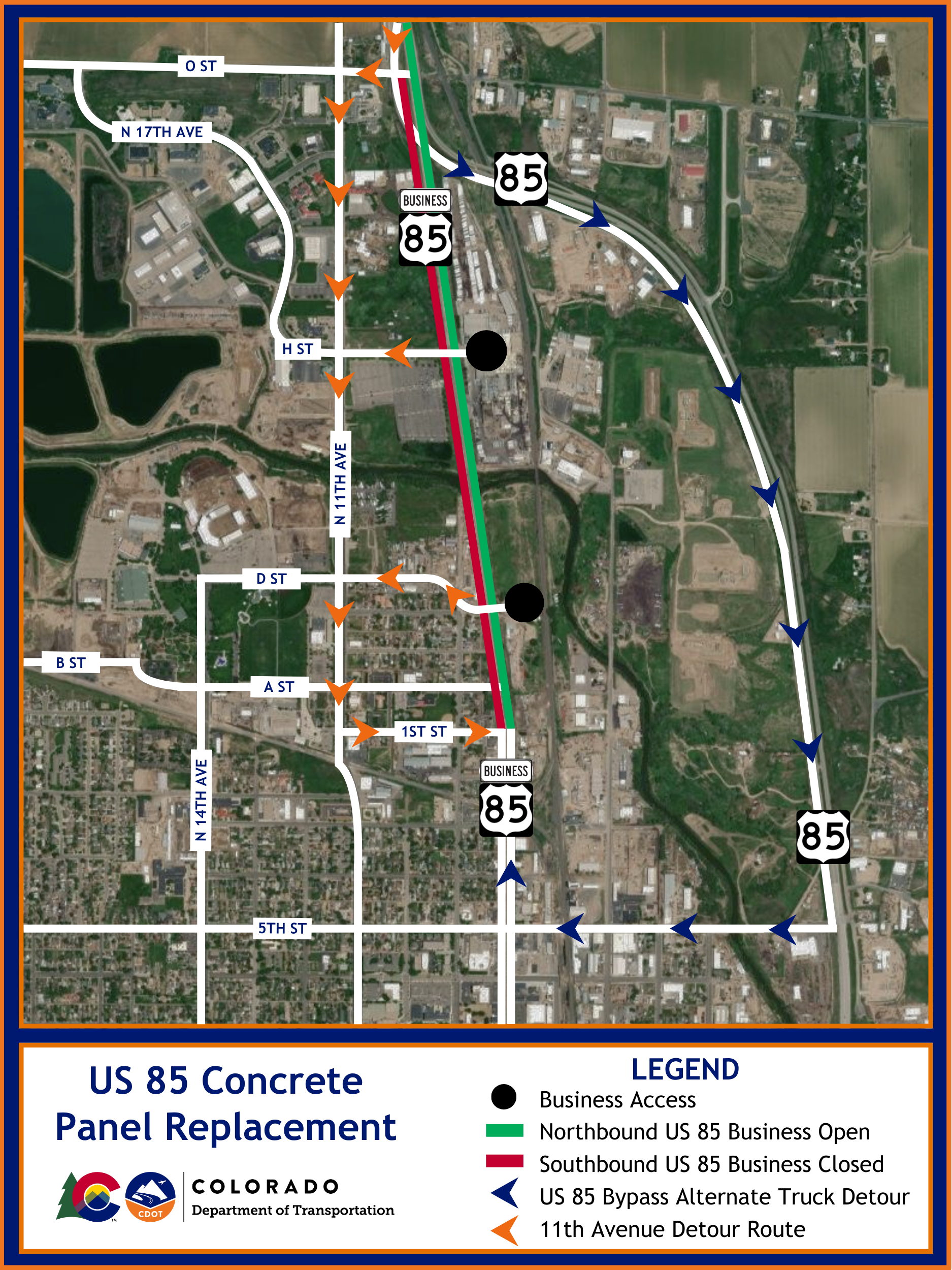 US 85 Business Southbound Detour Map-Southbound US 85 Business will be closed from O Street to 1st Street (1).png detail image