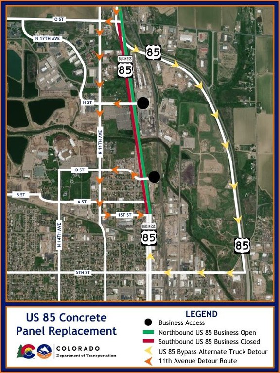 Detour map of the full closure of southbound US 85 Business (8th Avenue) in Greeley, between O Street and 1st Street Detour map of the full closure of southbound US 85 Business (8th Avenue) in Greeley, between O Street and 1st Street. Detour routes are provided in the Traffic Impacts.
