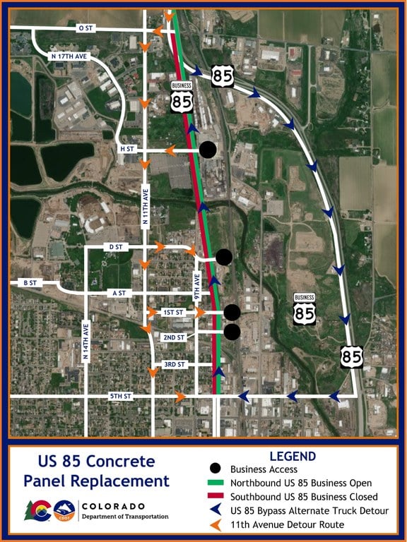 Detour map of full closure of southbound US 85 Business (8th Avenue) in Greeley, between O Street and 5th Street. Detour map of full closure of southbound US 85 Business (8th Avenue) in Greeley, between O Street and 5th Street.