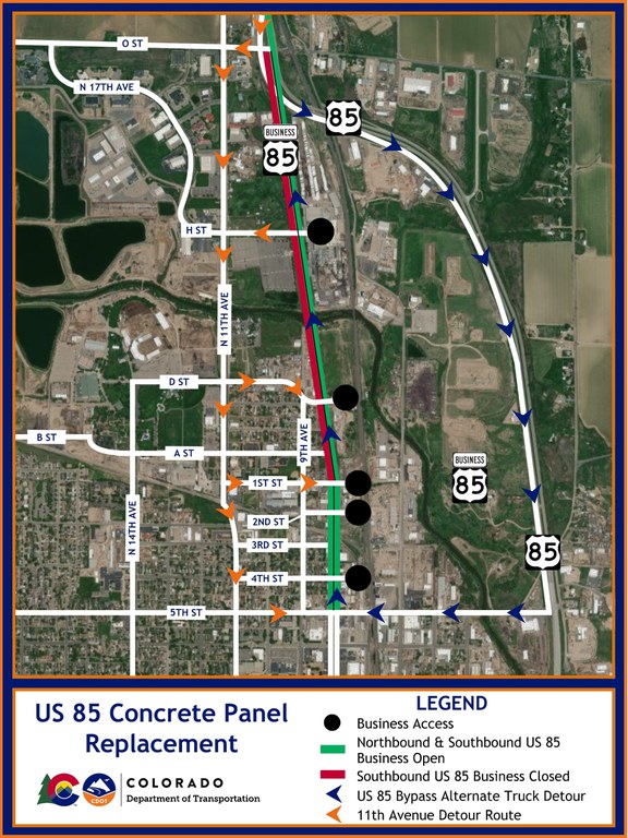 Detour map of the full closure of southbound US 85 Business (8th Avenue) in Greeley, between O Street and 1st Street. Detour routes are provided in the Traffic Impacts.