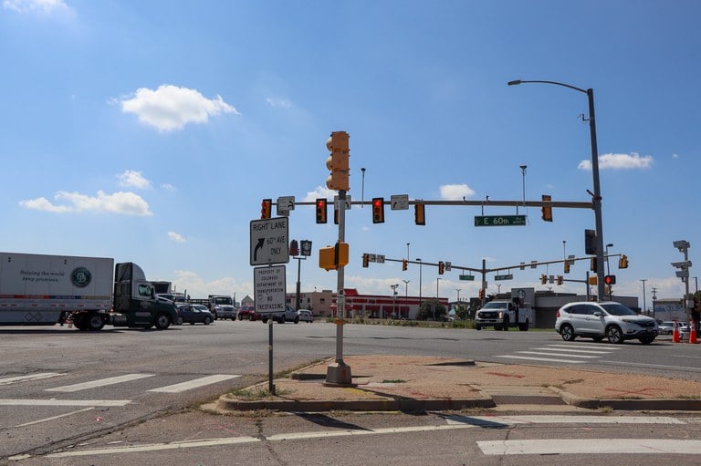 The current intersection of East 60th Avenue, Vasquez Boulevard and Parkway Drive. As part of this project, the intersection will be simplified to a more standard, signalized four-way intersection.