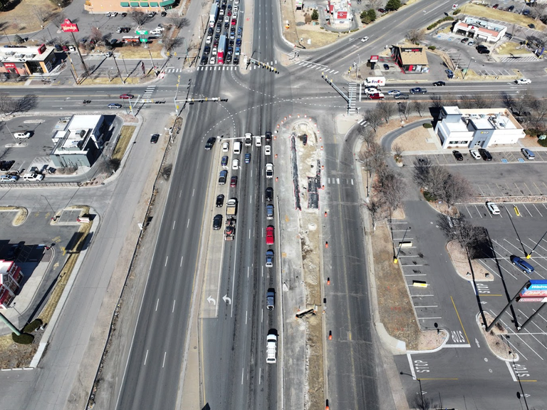 Photo of current alignment of Vasquez Boulevard/60th Avenue/Parkway Avenue intersection and median