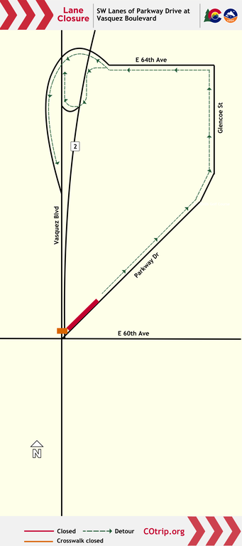 Closure map at Vasquez Boulevard at 60th Avenue/Parkway Avenue intersection