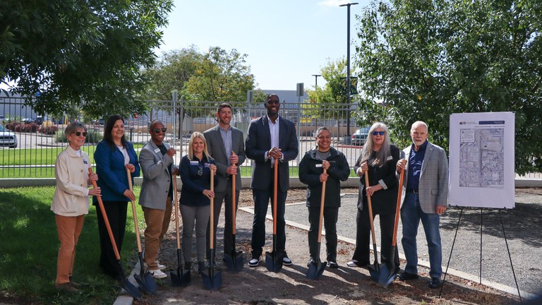 Local leaders holding shovels to recognize the groundbreaking of construction on the Vasquez Boulevard Improvements Project.