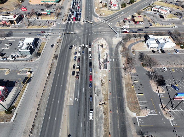 Aerial view of the Vasquez Boulevard and 60th Avenue intersection