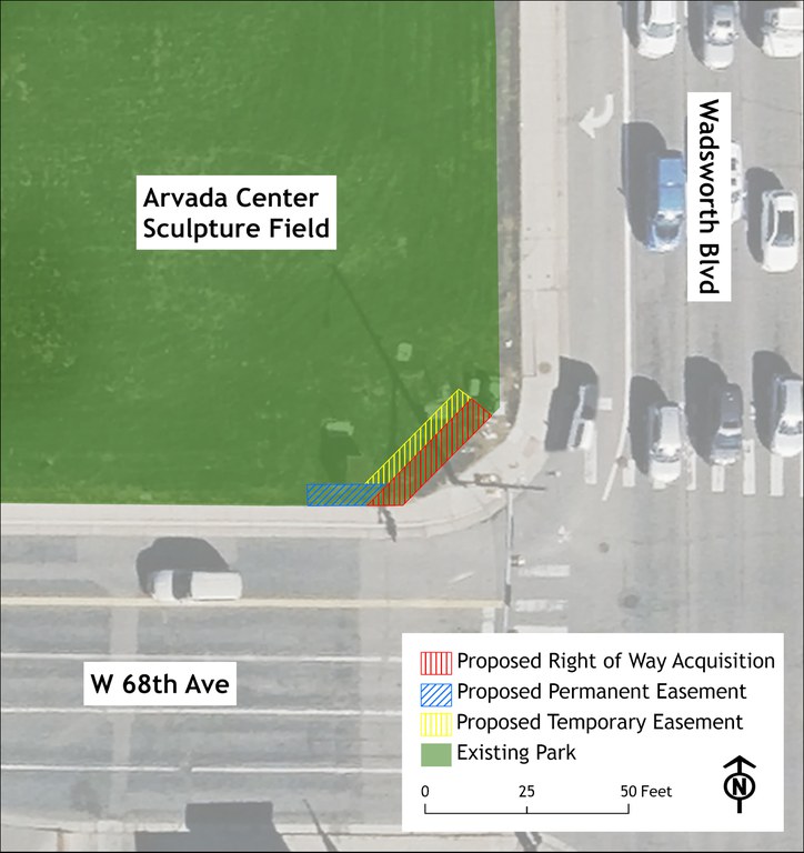 The zoomed-in map displays the southeast corner of the Arvada Center for the Arts and Humanities sculpture field. The shaded polygons at the northwest corner of Wadsworth Boulevard and West 68th Avenue highlight the proposed temporary easement, permanent easement, and right-of-way acquisition areas.