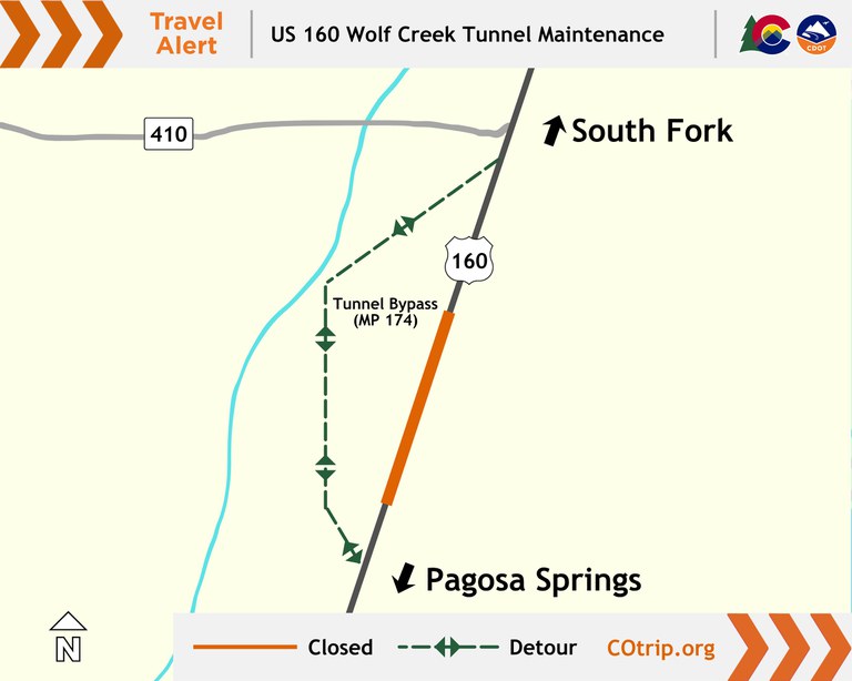 Wolf Creek Tunnel Maintenance Project Map of the US 160 and bypass route at MP 174 for maintenance
