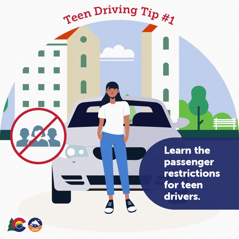 Teen Driver Tip illustration of a woman in front of her car. Text overlay reads "Learn the passenger restrictions for teen drivers"