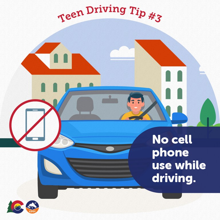 Teen Driver Tip illustration of a man inside his car. A "no cell phone" graphic is near the car. Text overlay reads "No cell phone use while driving"