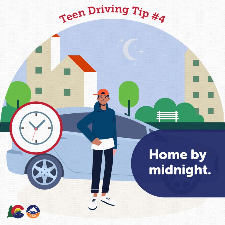 Teen Driver Tip illustration of a man standing next to his car at night. A clock icon is near the car. Text overlay reads "home by midnight"