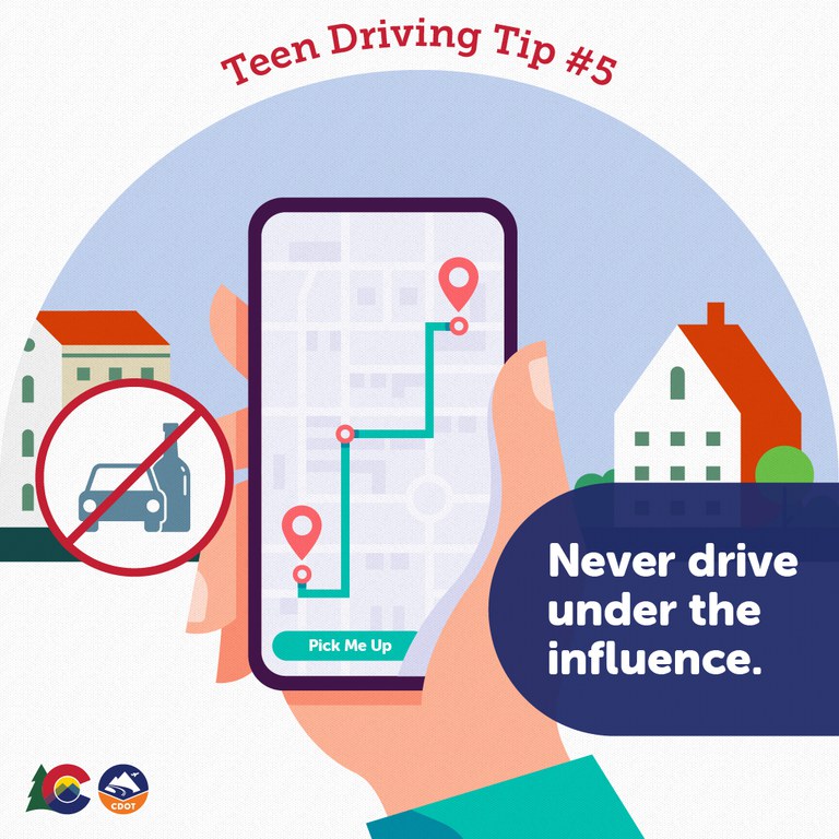 Teen Driver Tip illustration a hand holding a cellphone. Cell phone screen is made to look like it's calling a rideshare. An icon of an alcohol bottle with a car is next to the phone, crossed out in red. Text overlay reads "Never drive under the influence."