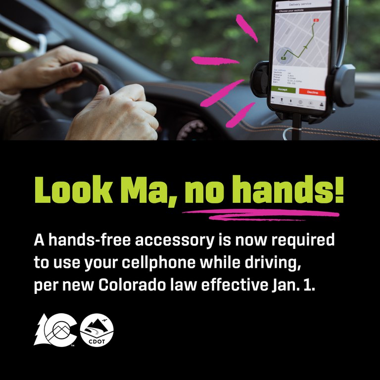 No hands! Person driving with their hands on the wheel and their cellphone on a car mount. Text overlay reads "Look ma, no hands!"