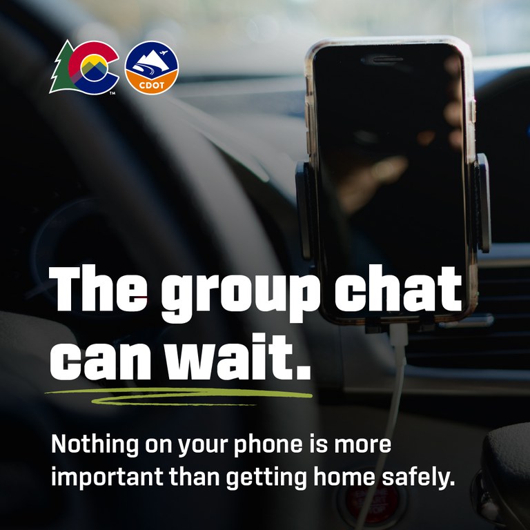 Cellphone in a car mount. Text overlay reads "the group chat can wait."