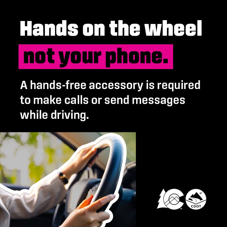 Person driving with both hands on the wheel. Text overlay reads "hands on the wheel, not your phone"