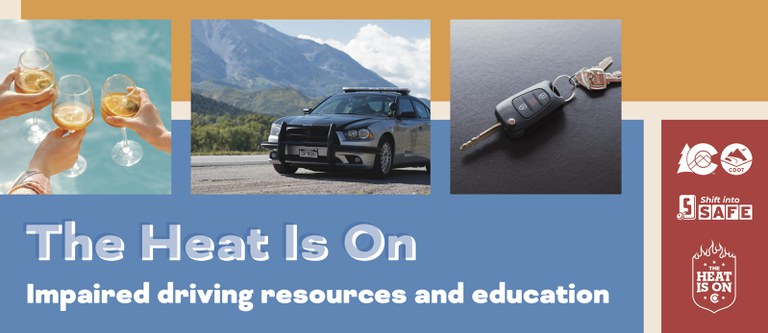HIO_Toolkit_Header_250513.jpg A horizontal promotional banner for "The Heat Is On: Impaired driving resources and education." The banner features three photographic panels illustrating the theme: Left: Two people toasting with three champagne flutes containing orange drinks, symbolizing drinking. Center: A black and white police vehicle with its lights on, positioned on a highway with mountains in the background, symbolizing enforcement. Right: A set of car keys and a key fob resting on a dark surface, symbolizing the choice to drive. The banner also features the CDOT logo and the "The Heat Is On" campaign logo.