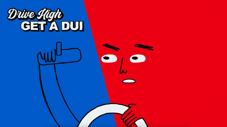  Illustration of a driver holding and looking into their rearview mirror with the message "Drive High Get a DUI" in the upper left-hand corner of the screen.