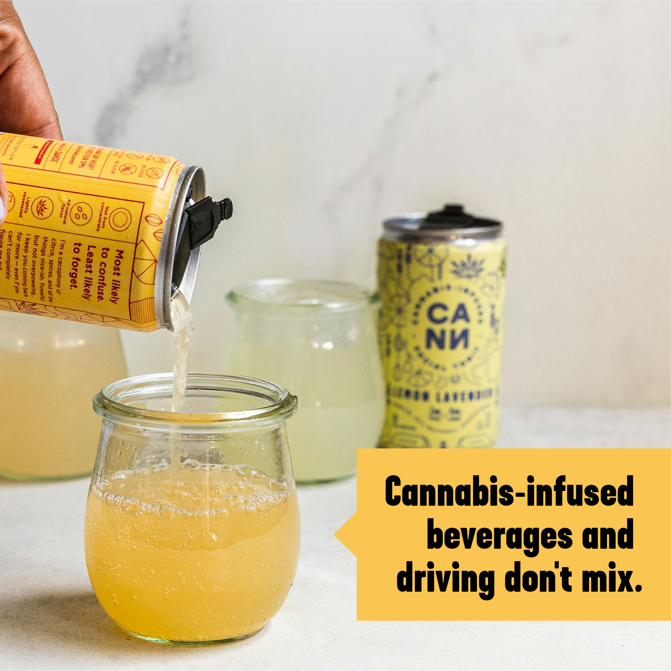 Cans of CBD drinks and two glasses filled with clear liquid and fruit. Copy reads, “Cannabis infused beverages and driving don't mix.”