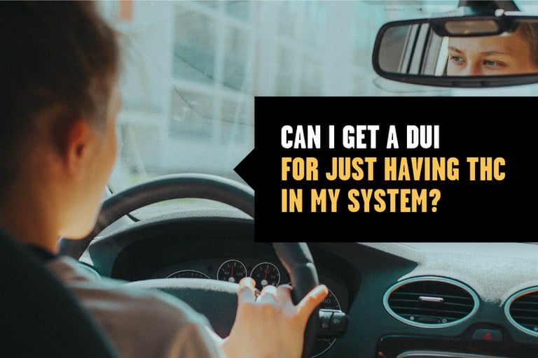 Woman driving a car from the perspective of the backseat passenger. Text overlay reads "Can I get a DUI even if I smoked a week ago?"