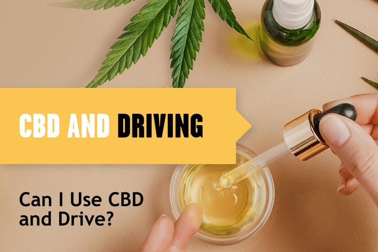 CBD dropper, text overlay reads "Can I use CBD and Drive?"