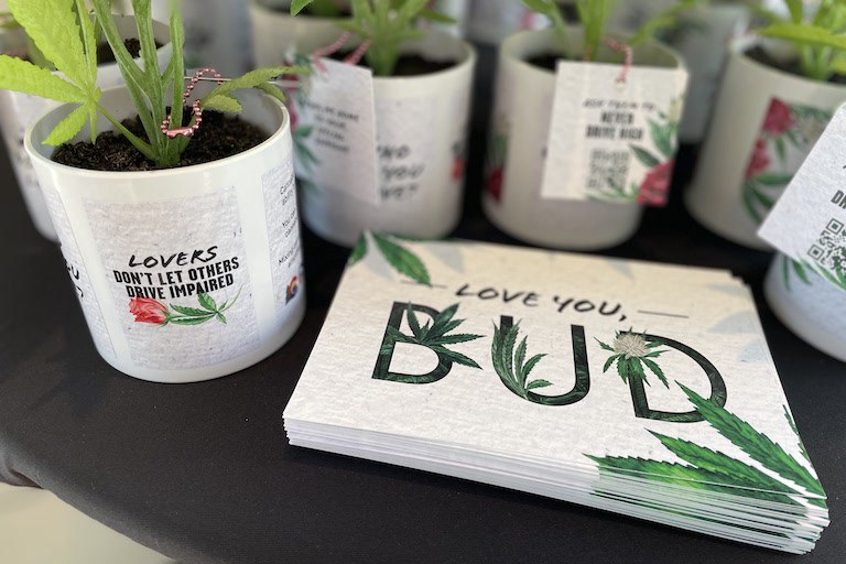 CDOTValentinesSafeDriving_Web.jpg Valentines Day giveaways at Native Roots, stickers read "love you, bud" and "lovers don't let others drive impaired"