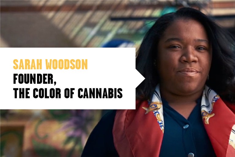 SarahWoodsonImage_220309 Sarah Woodson headshot, text overlay reads "Sarah Woodson, founder, The Color of Cannabis