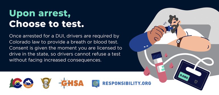 Blue graphic with icon of a blood vile and an image of a person taking a breathalyzer test. The header reads "Upon arrest, choose to test."