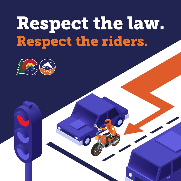Lane filtering graphic showing a motorcycle stopped to the side of a car at a red light. Text overlay reads "respect the law, respect the riders."