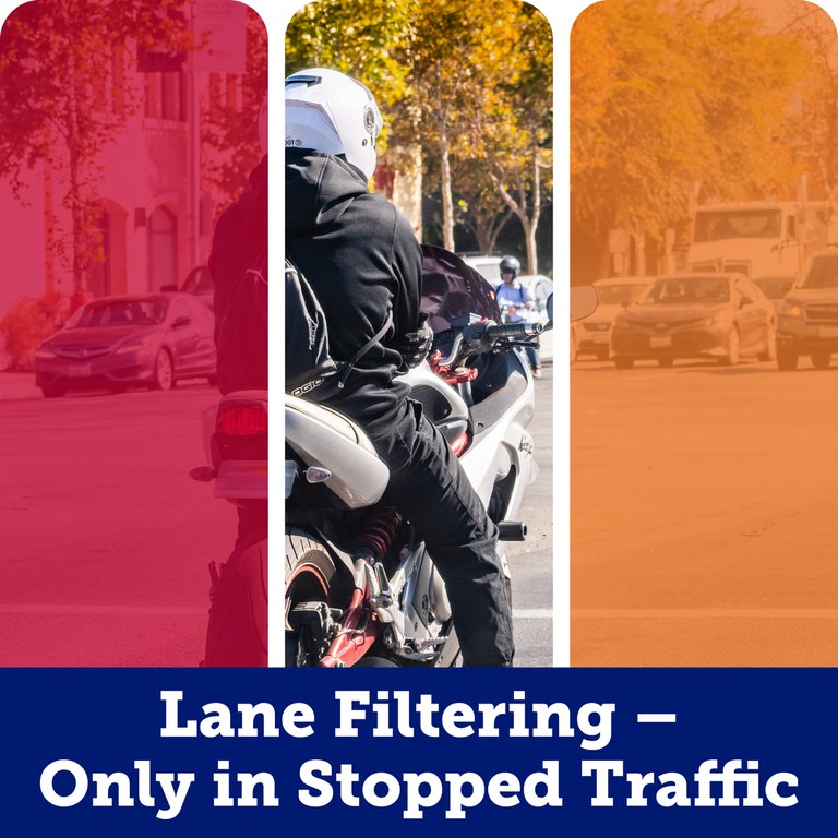 Lane filtering social media post showing a motorcycle stopped at a light. Text overlay reads "Lane Filtering - Only in Stopped Traffic" 