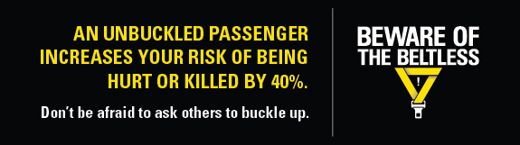 An unbuckled passenger increases your risk of being hurt by 40%. Beware of the Beltless campaign image.